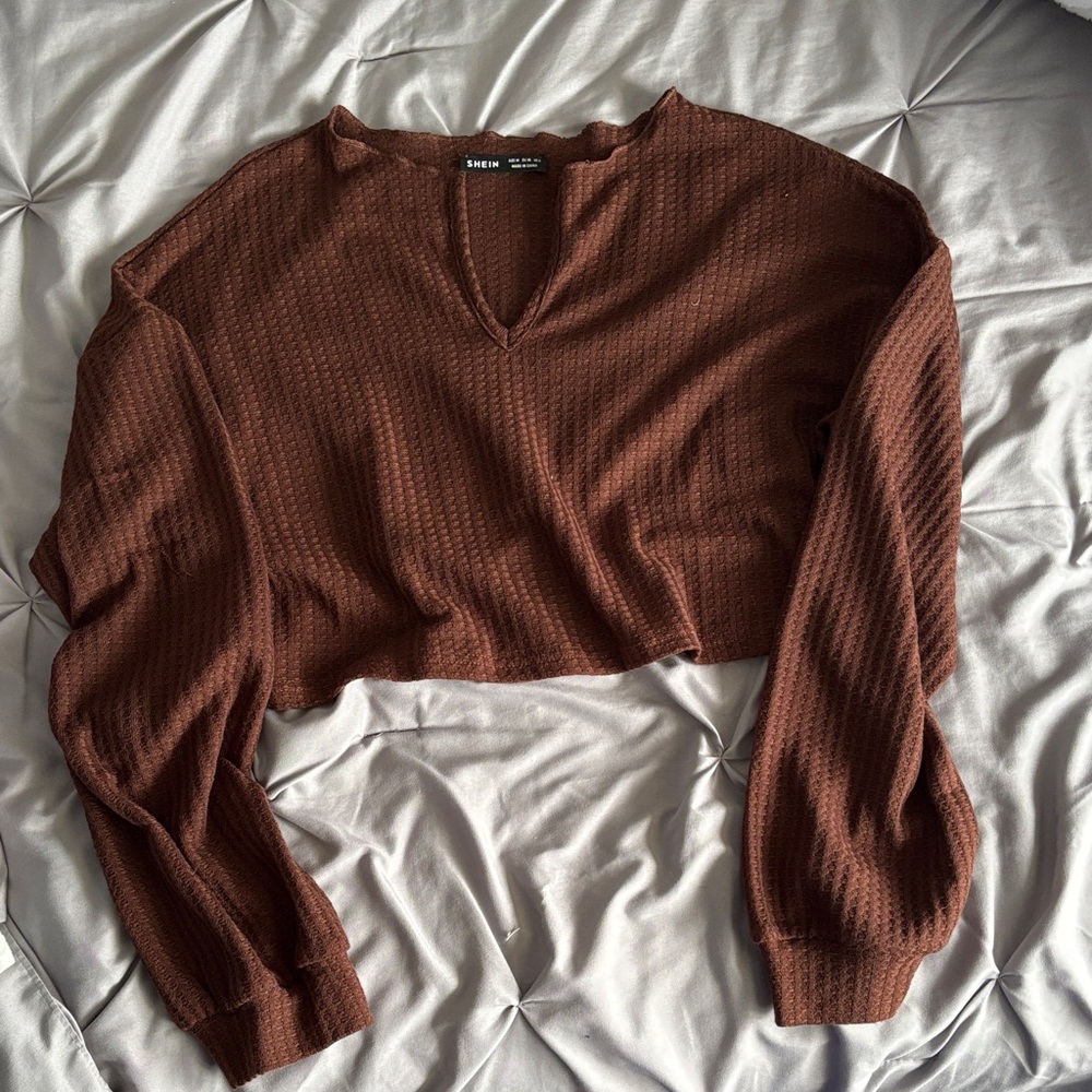 SHEIN Chocolate Brown Cropped Waffle V‑Neck Sweater